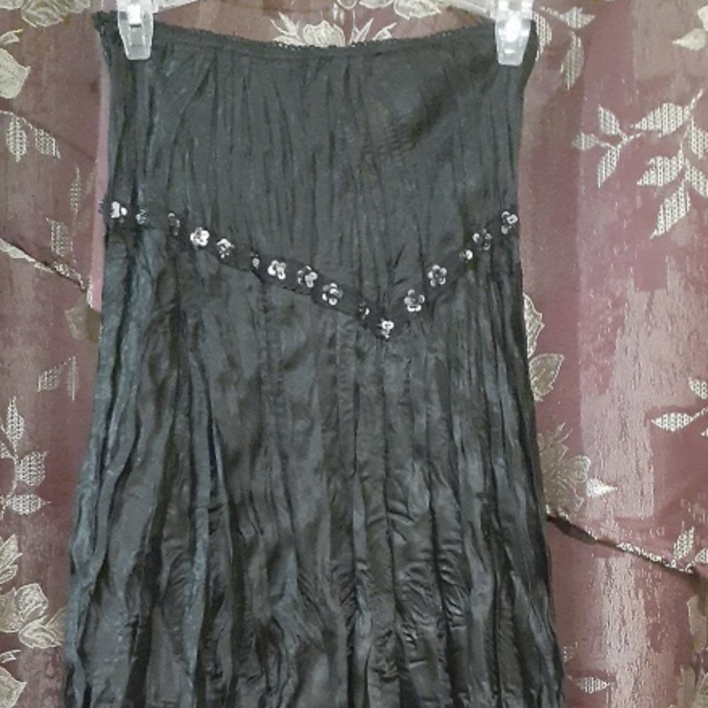 Vintage Dolled Up Beaded Maxi Silky Satin Black Pleated Asymmetric Chic Skirt S - Picture 1 of 2